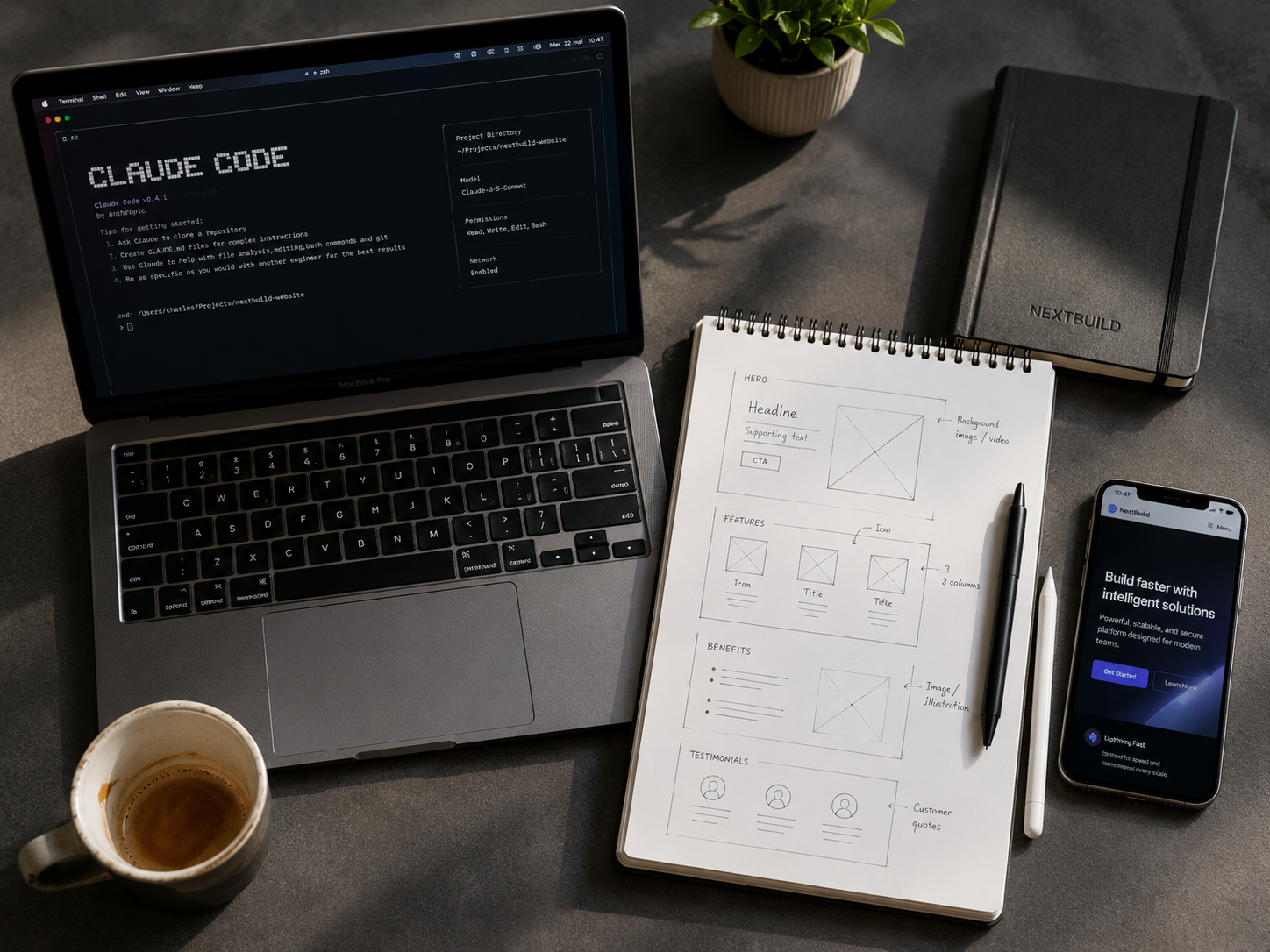 Flatlay Claude Code et wireframes