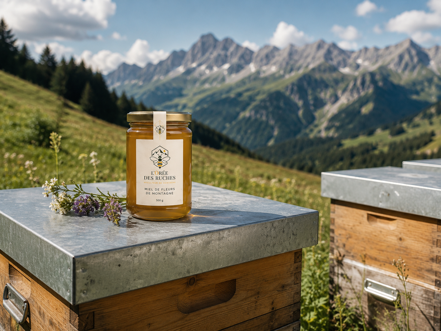 Bocal sur ruche — fond montagne