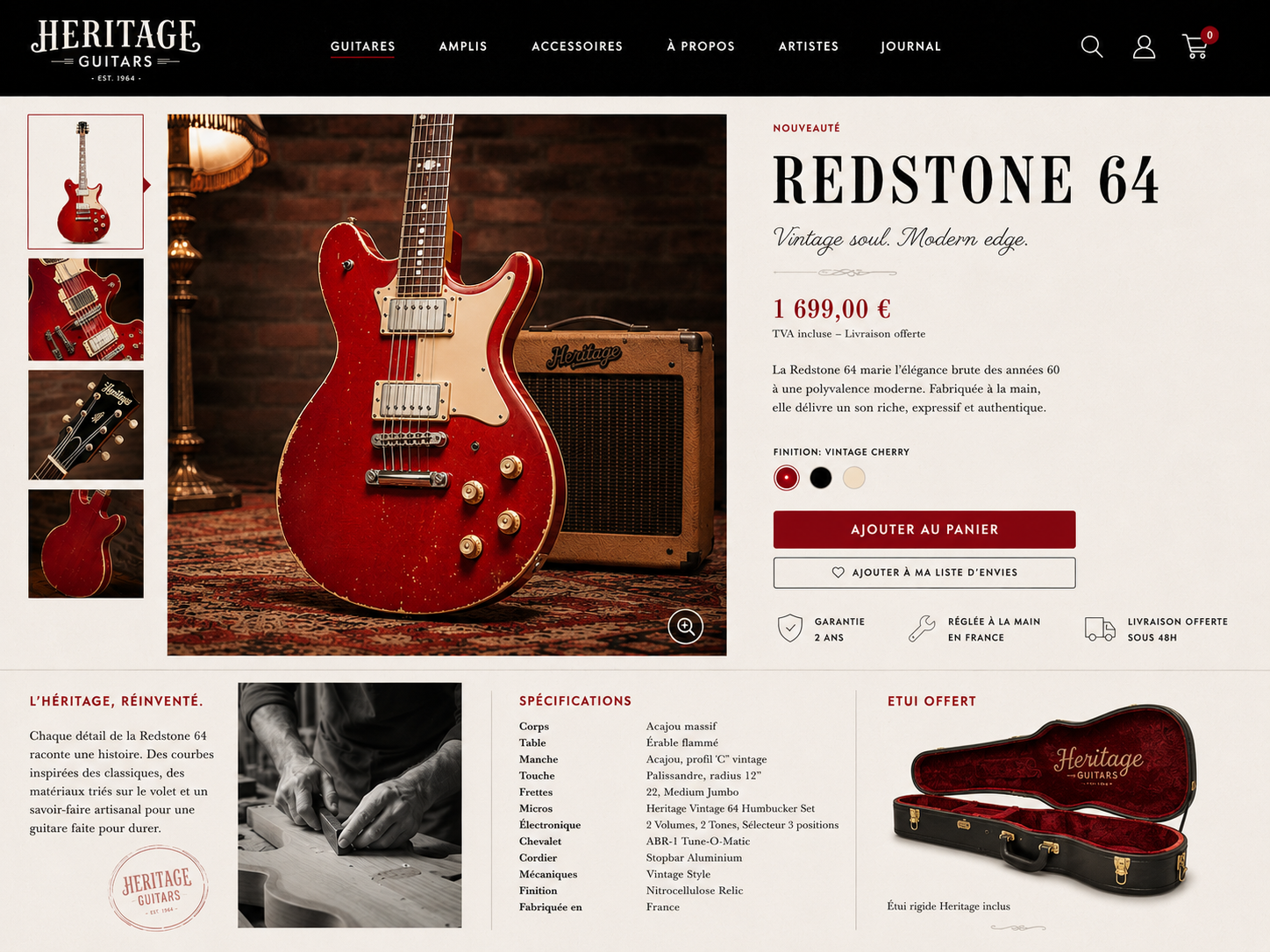 Page produit e-commerce — Heritage Guitars