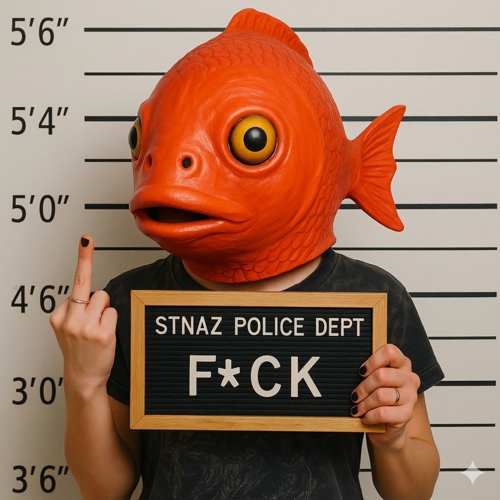 Une personne portant un masque de poisson rouge géant pose pour un mugshot de police en faisant un doigt d'honneur et en tenant une ardoise avec l'inscription "F*CK".