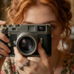Jeune femme rousse prenant une photo avec l'appareil Land X-Zen dans un café lumineux.