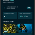 Interface mobile de l'application de plongée GLAZ.Log affichant les statistiques de l'utilisateur Julien et la synchronisation d'un ordinateur de plongée Garmin.