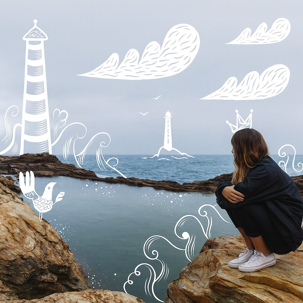 Femme accroupie sur des rochers face à l'océan avec des illustrations blanches de phare, vagues et nuages.
