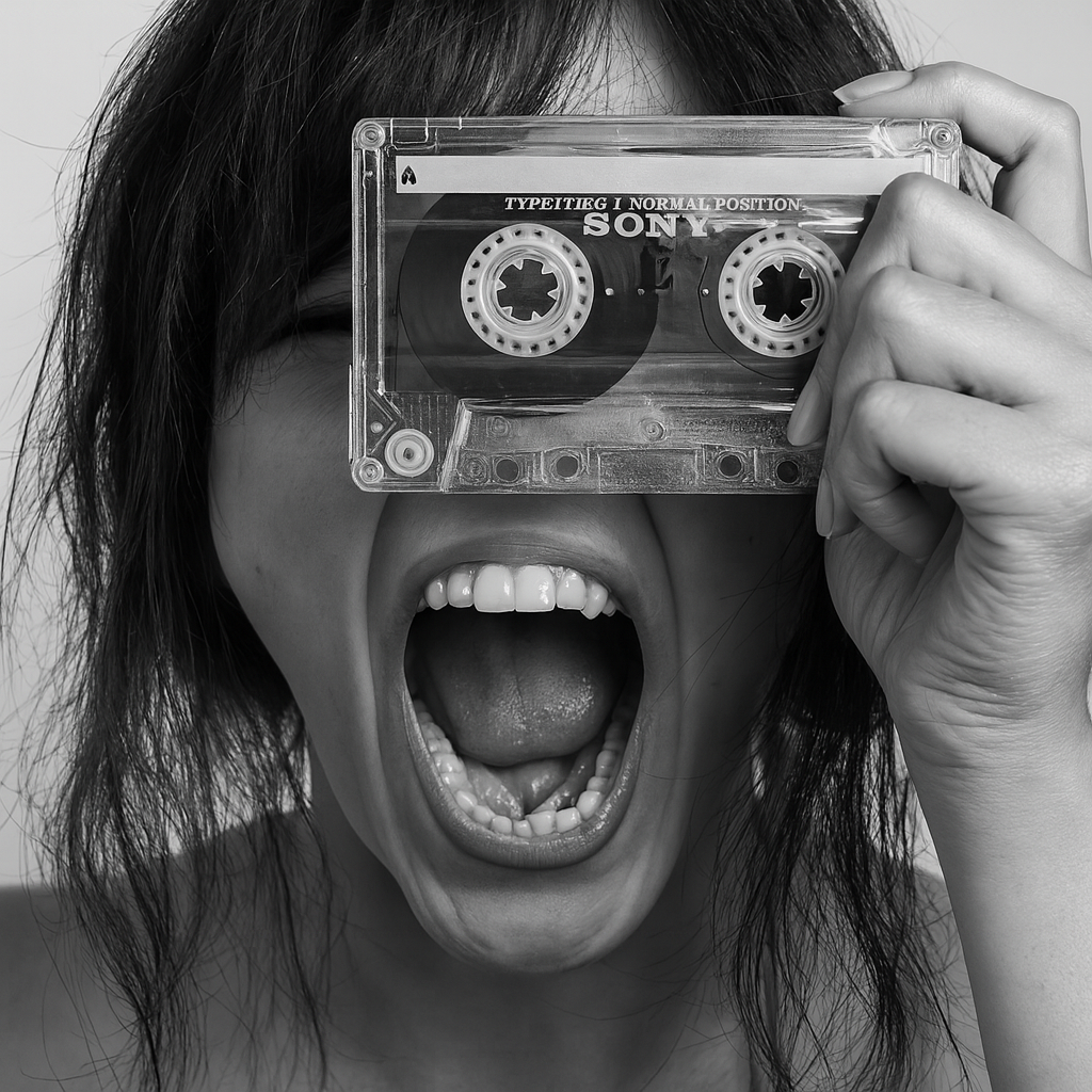 Gros plan en noir et blanc d'une personne criant avec une cassette audio Sony devant les yeux.