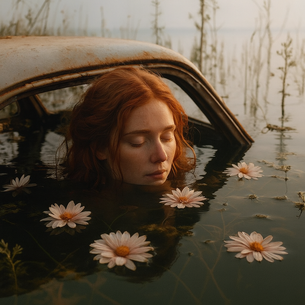 Femme aux cheveux roux immergée dans l'eau entourée de marguerites flottantes près d'une carcasse de voiture ancienne.