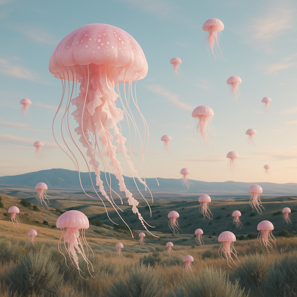 Illustration surréaliste de nombreuses méduses roses translucides flottant dans le ciel au-dessus d'un paysage de collines arides et de broussailles au crépuscule.