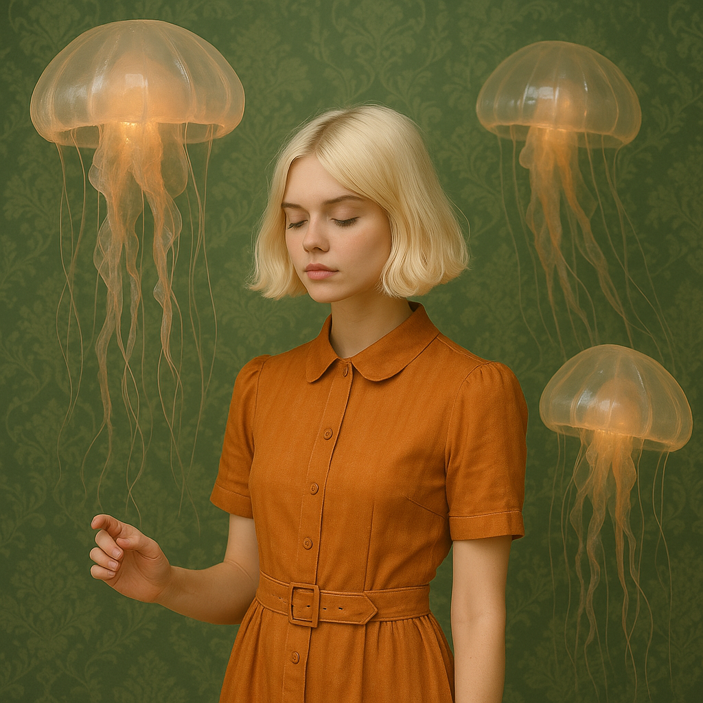 Jeune femme aux cheveux blonds en robe orange entourée de méduses translucides lumineuses sur fond vert.