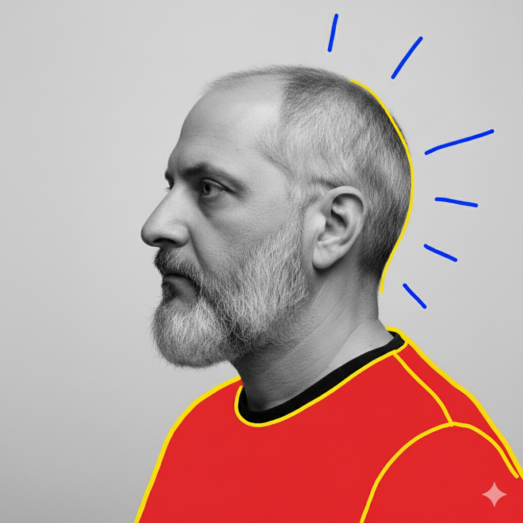 Portrait de profil en noir et blanc de Fabien Roux, chargé de communication à Nantes, rehaussé d'illustrations graphiques rouges, jaunes et bleues symbolisant la créativité et les idées.