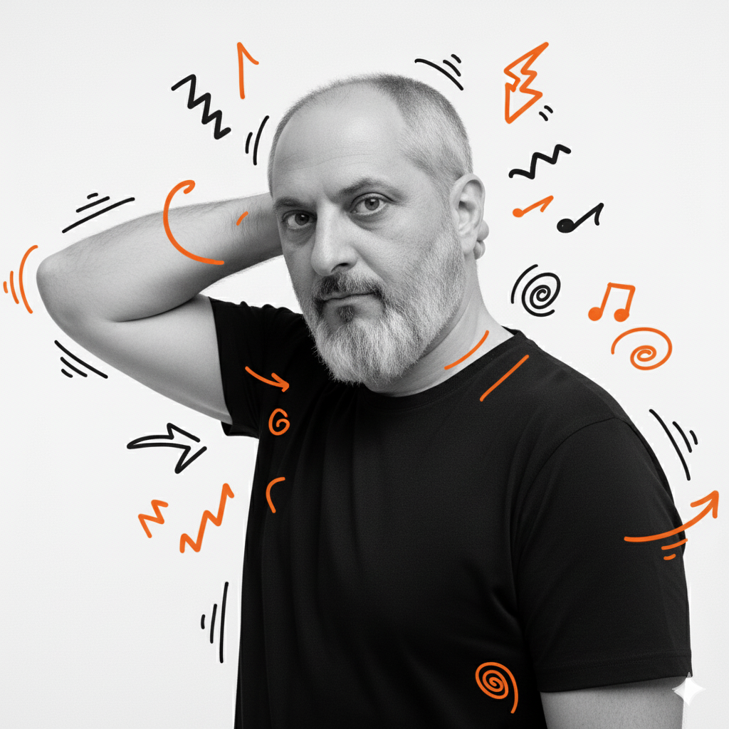 Portrait noir et blanc de Fabien Roux, main derrière la tête, entouré de griffonnages orange et noirs (flèches, éclairs, notes de musique) évoquant la gestion de projets multiples.