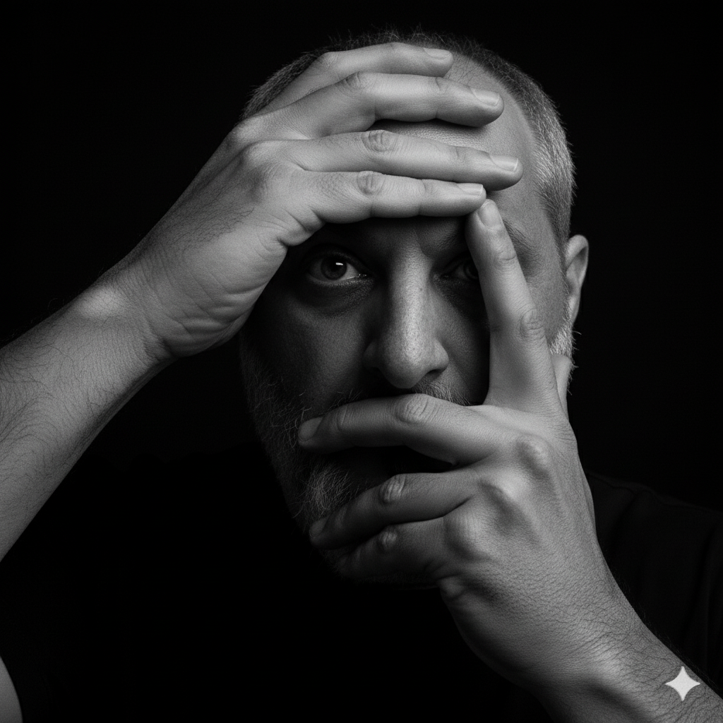 ortrait artistique en clair-obscur de Fabien Roux, formant un cadre rectangulaire avec ses mains autour de son œil pour symboliser le focus et la perspective.