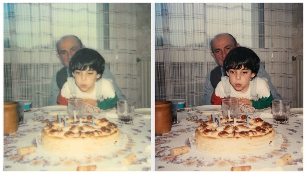 Comparatif avant-après restauration d'une photo ancienne montrant un jeune garçon soufflant les bougies de son gâteau d'anniversaire accompagné d'un homme âgé.