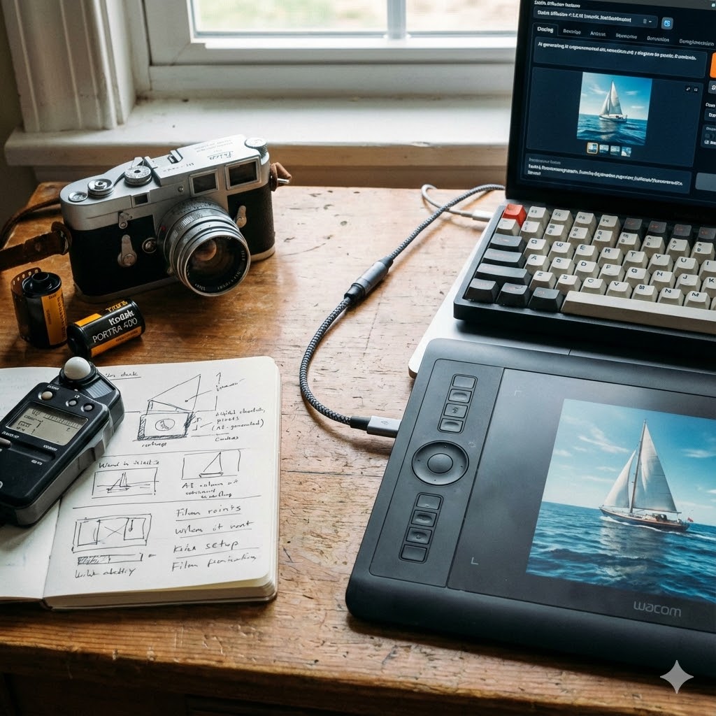 Bureau en bois présentant un setup de photographe hybride : à gauche un appareil photo argentique vintage, des pellicules Kodak et un posemètre ; à droite une tablette graphique Wacom et un ordinateur portable affichant la retouche d'une photo de voilier.