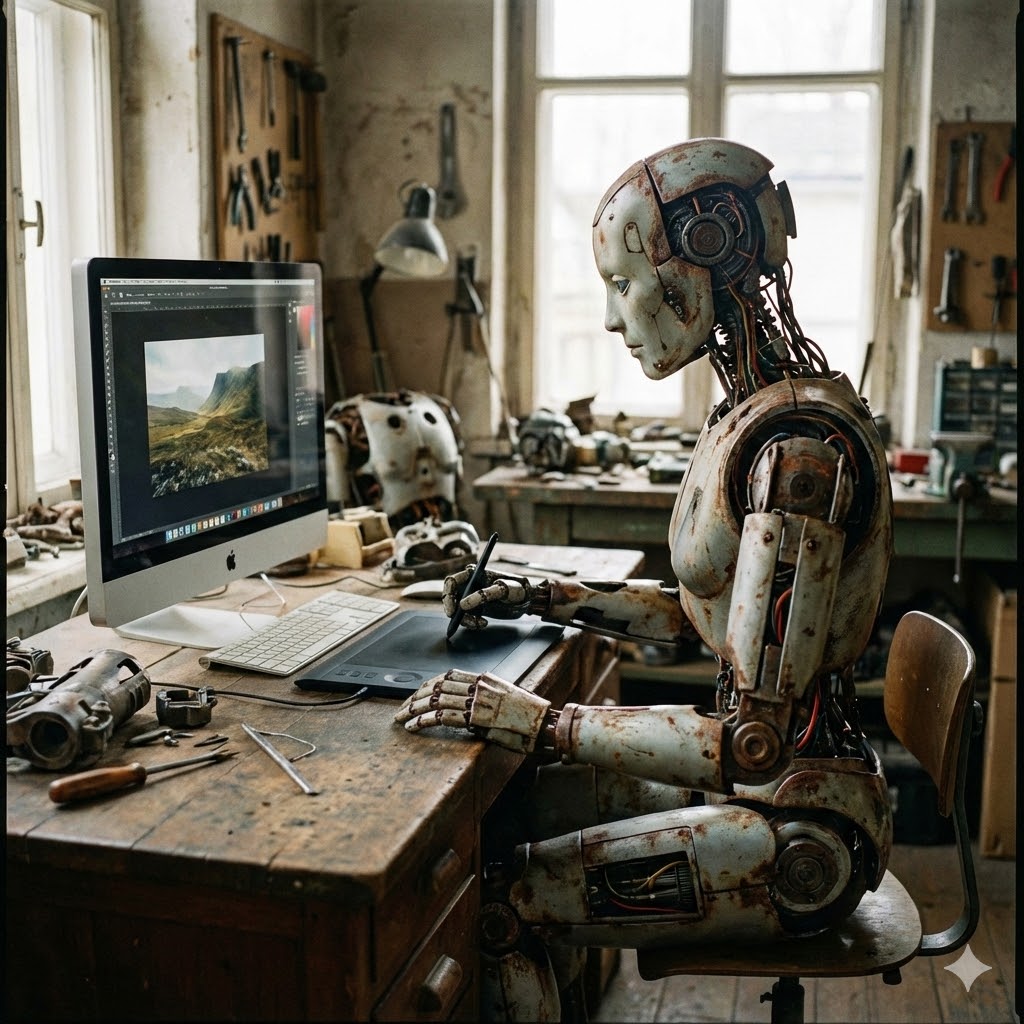 Photographie réaliste montrant un robot humanoïde usé et rouillé assis à un bureau d'atelier encombré d'outils. Le robot utilise un stylet sur une tablette graphique pour retoucher une photo de paysage affichée sur l'écran d'un ordinateur iMac. La lumière naturelle entre par une fenêtre sur la gauche.