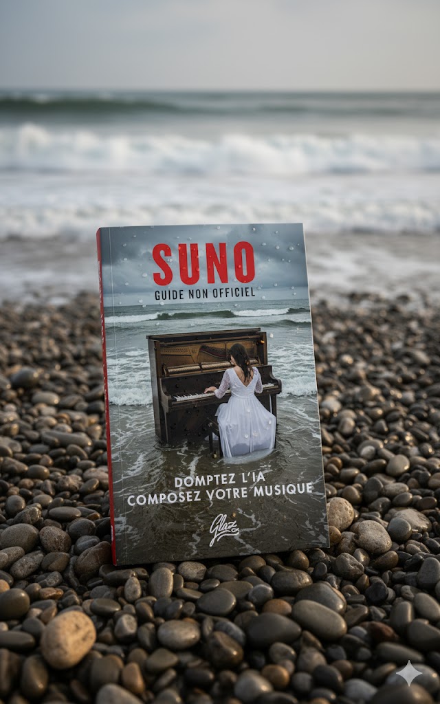 Exemplaire du livre Suno Guide Non Officiel posé à la verticale sur des galets gris avec l'océan en arrière-plan, manuel pour composer de la musique avec l'IA.