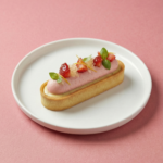 Tartelette rectangulaire garnie d'une mousse rose à la fraise, morceaux de fruits, perles de citron et feuilles de basilic sur une assiette blanche et fond rose.