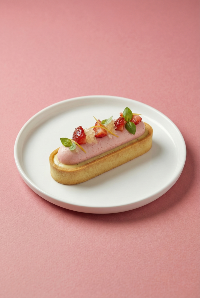 Tartelette rectangulaire garnie d'une mousse rose à la fraise, morceaux de fruits, perles de citron et feuilles de basilic sur une assiette blanche et fond rose.