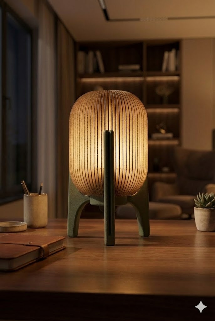 Lampe de table design avec un pied trépied vert et un abat-jour cylindrique texturé, posée sur un bureau en bois dans une pièce chaleureuse.