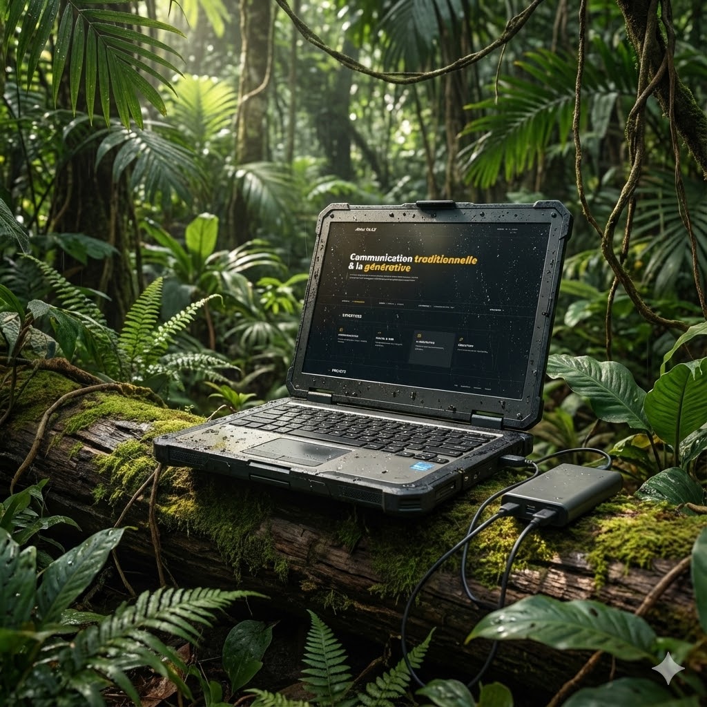 Ordinateur portable durci posé sur un tronc d'arbre moussu dans une forêt tropicale luxuriante, affichant une présentation sur la communication générative et connecté à une batterie externe.
